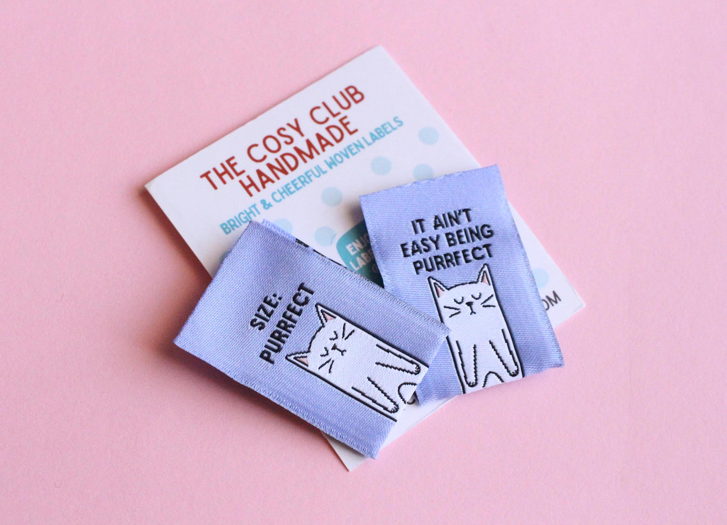 Cat Sewing Labels "Size: Purrfect" Woven Clothing Tags - Pack of 6 Double Sided Soft Woven Sewing Labels for Handmade Projects, Crochet, Fun - The Cosy Club Handmade