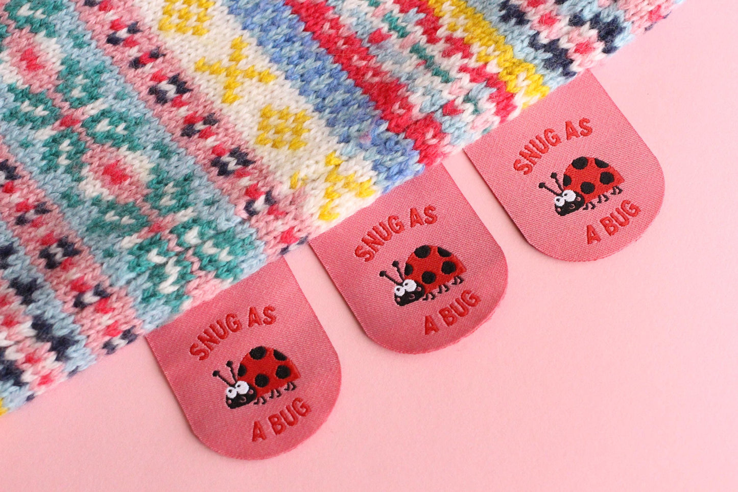 Ladybird / Ladybug Woven Sewing Labels – Pack of 5 Pink “Snug as a Bug” Cute Tags, Soft Clothing Labels for Crochet and Handmade Clothes - The Cosy Club Handmade