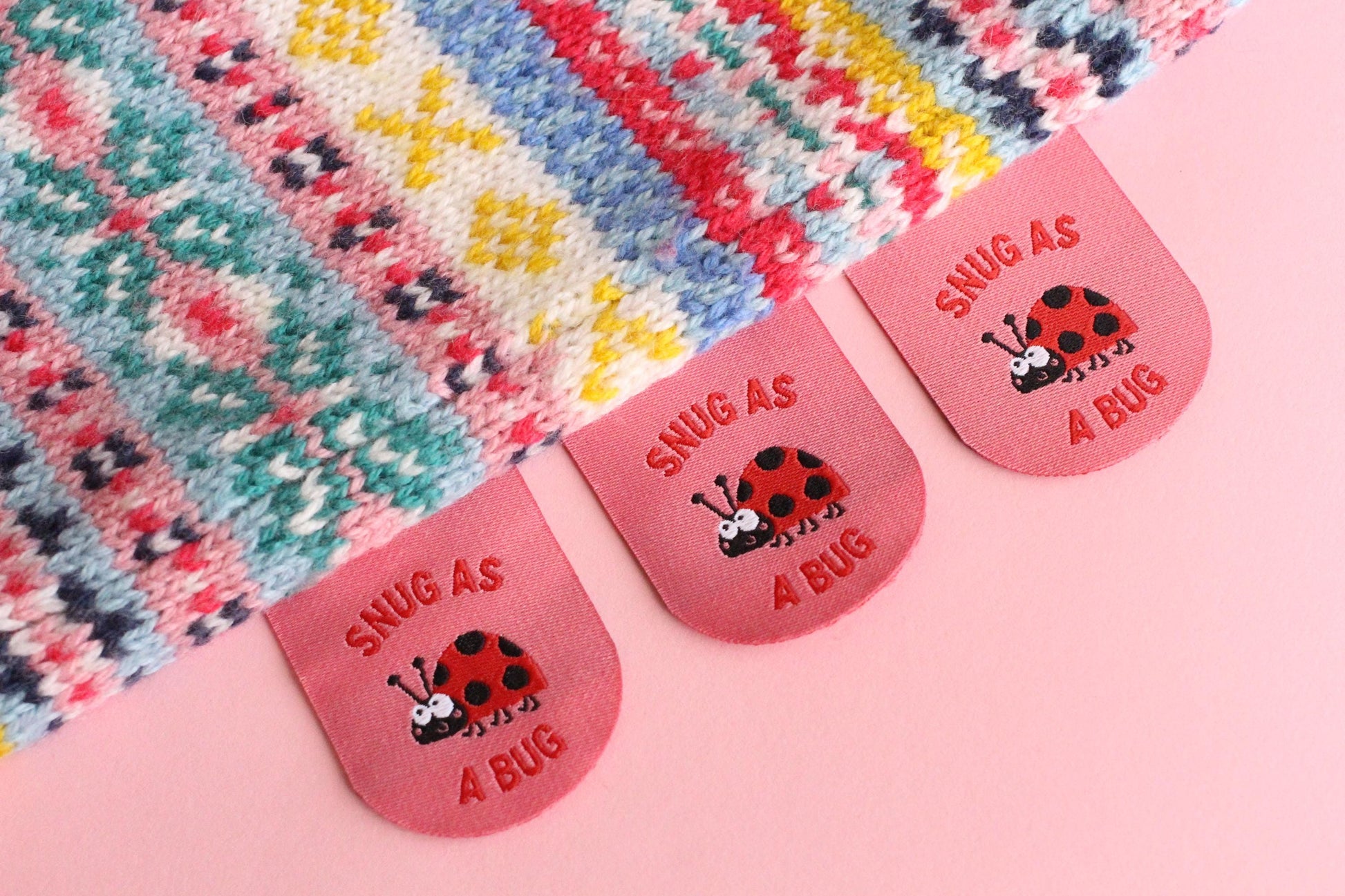 Ladybird / Ladybug Woven Sewing Labels – Pack of 5 Pink “Snug as a Bug” Cute Tags, Soft Clothing Labels for Crochet and Handmade Clothes - The Cosy Club Handmade