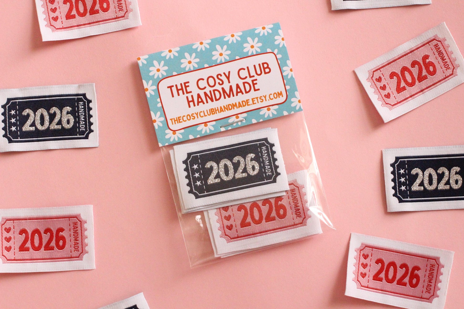 2026 Year Woven Sewing Labels - Pack of 6 vintage ticket design labels for handmade items, crochet, quilting, knitting, Blue or Pink - The Cosy Club Handmade
