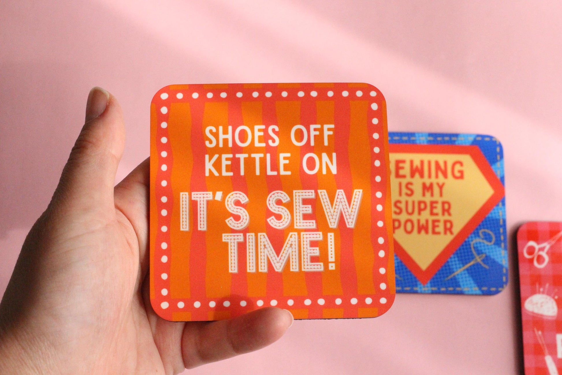 FUN SEWING COASTERS - Sewing themed coasters, Gifts for sewists, High quality hardboard coasters with a glossy top layer in 3 cute designs - The Cosy Club Handmade