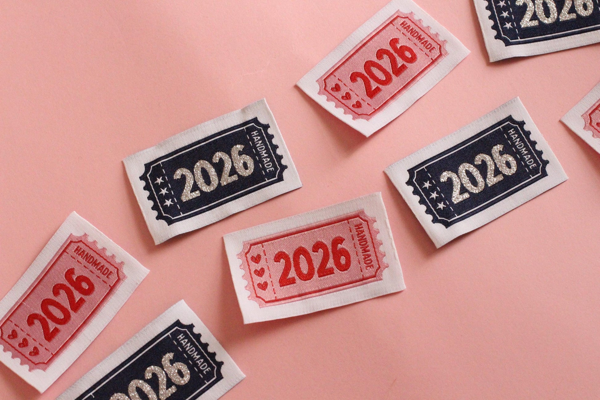 2026 Year Woven Sewing Labels - Pack of 6 vintage ticket design labels for handmade items, crochet, quilting, knitting, Blue or Pink - The Cosy Club Handmade
