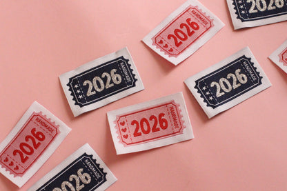 2026 Year Woven Sewing Labels - Pack of 6 vintage ticket design labels for handmade items, crochet, quilting, knitting, Blue or Pink - The Cosy Club Handmade