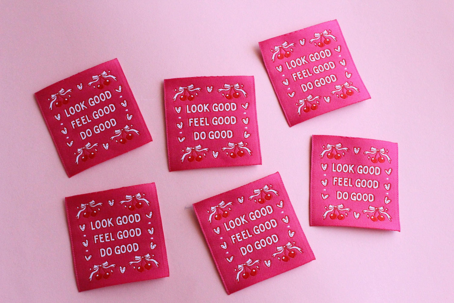 Pink Woven Sewing Labels – Pack of 5 Coquette Bow Cherry “Feel Good Look Good Do Good” Tags, Fun Clothing Labels for Handmade Projects - The Cosy Club Handmade