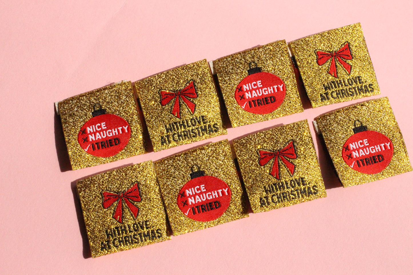 WITH LOVE, AT CHRISTMAS | Sparkly Gold Christmas Woven Sewing Labels (6 Pack) - The Cosy Club Handmade