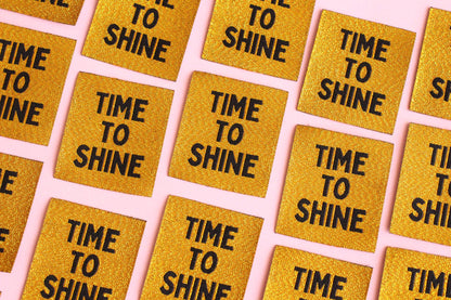 Metallic Gold Woven Sewing Labels – Pack of 5 “Time to Shine” Tags, Shiny Clothing Labels for Handmade Knitting, Crochet & Quilting - The Cosy Club Handmade