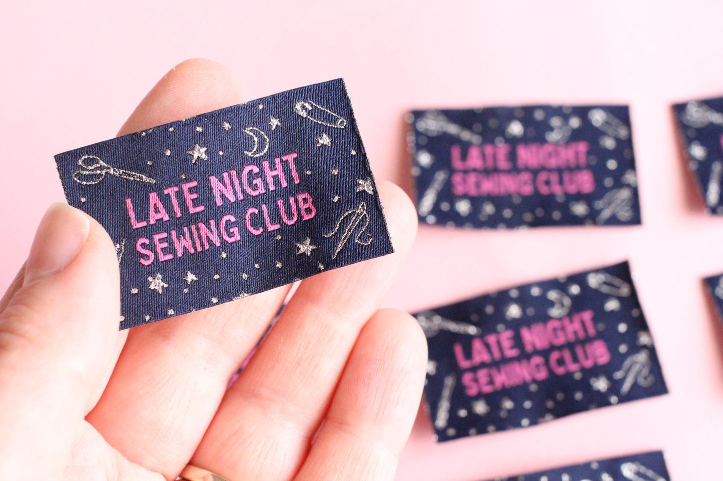 Woven Sewing Labels – Pack of 5 Silver Navy “Late Night Sewing Club” Tags, Fun Clothing Labels for Handmade Clothes, Tags for Handmade - The Cosy Club Handmade