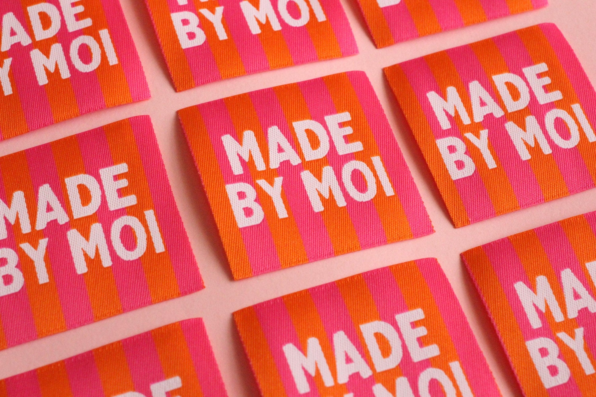 Woven Sewing Labels – Pink Orange Pack of 5 Labels “Made By Moi” Tags, Fun Clothing Labels for Handmade Projects, Knitting - The Cosy Club Handmade