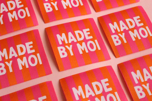 Woven Sewing Labels – Pink Orange Pack of 5 Labels “Made By Moi” Tags, Fun Clothing Labels for Handmade Projects, Knitting - The Cosy Club Handmade