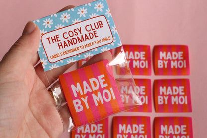 Woven Sewing Labels – Pink Orange Pack of 5 Labels “Made By Moi” Tags, Fun Clothing Labels for Handmade Projects, Knitting - The Cosy Club Handmade