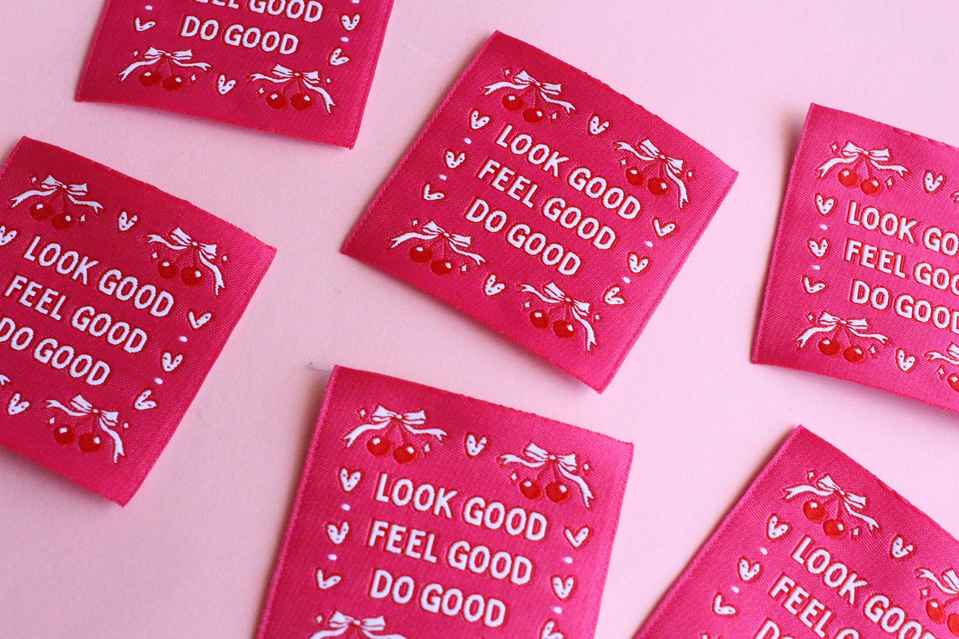 Pink Woven Sewing Labels – Pack of 5 Coquette Bow Cherry “Feel Good Look Good Do Good” Tags, Fun Clothing Labels for Handmade Projects - The Cosy Club Handmade