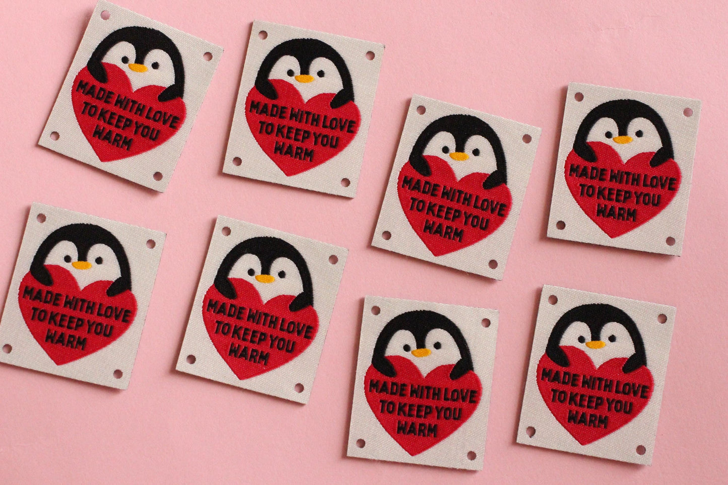 Woven KNITTING / CROCHET Labels – Pack of 5 “Made With Love To Keep You Warm” Interfaced Penguin Knitting Tags, Fabric Labels for Handmade - The Cosy Club Handmade