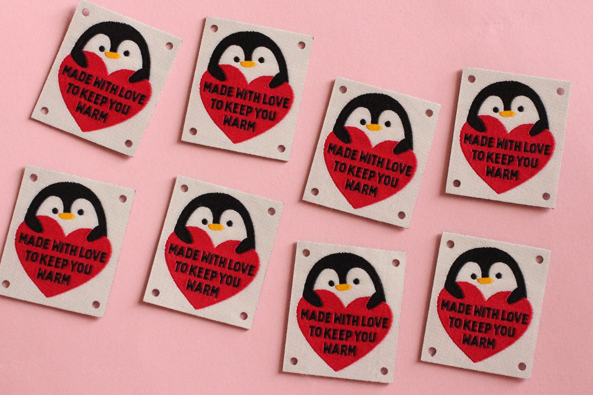 Woven KNITTING / CROCHET Labels – Pack of 5 “Made With Love To Keep You Warm” Interfaced Penguin Knitting Tags, Fabric Labels for Handmade - The Cosy Club Handmade