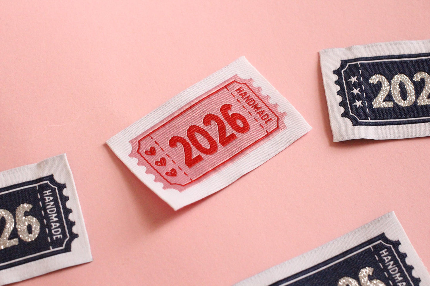 2026 Year Woven Sewing Labels - Pack of 6 vintage ticket design labels for handmade items, crochet, quilting, knitting, Blue or Pink - The Cosy Club Handmade