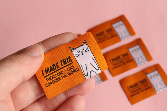 Cat Woven Sewing Labels – Pack of 5 “I Made This” Tags, Fun Clothing Labels for Handmade Projects & Cat Lovers - The Cosy Club Handmade