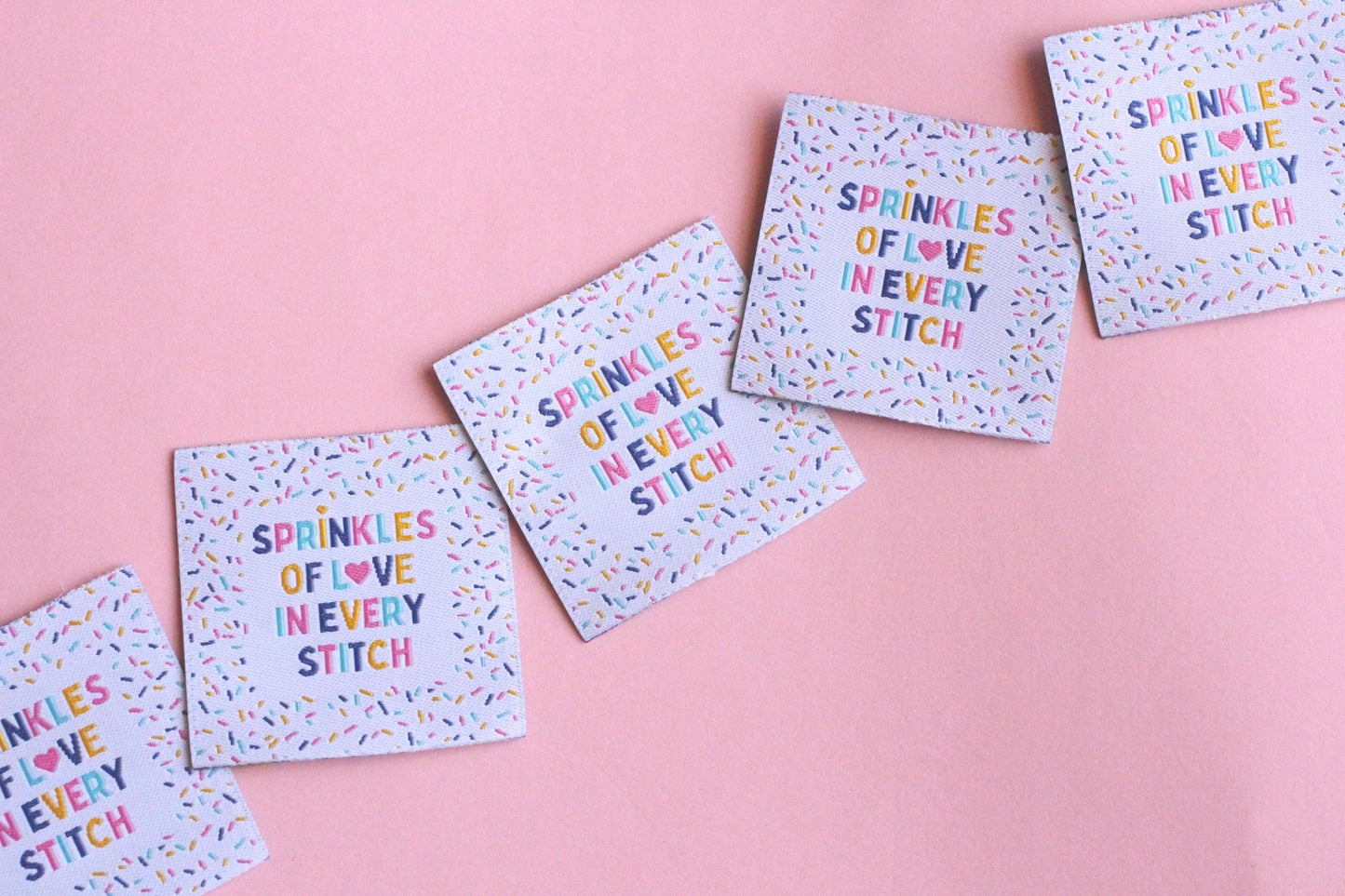 Woven Sewing Labels – Pack of 5 “Sprinkles of Love in Every Stitch” Tags, Cute Fabric Clothing Labels for Handmade Sewing Quilting Projects - The Cosy Club Handmade