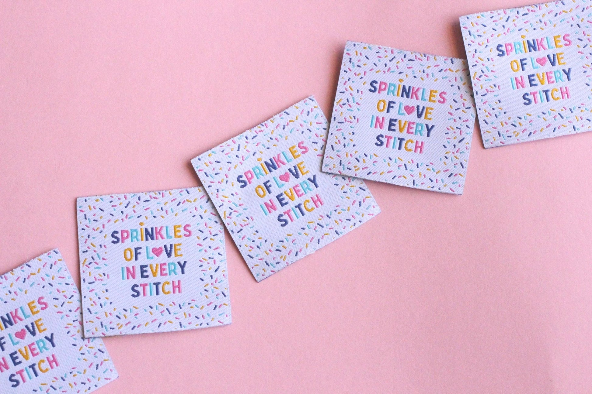 Woven Sewing Labels – Pack of 5 “Sprinkles of Love in Every Stitch” Tags, Cute Fabric Clothing Labels for Handmade Sewing Quilting Projects - The Cosy Club Handmade