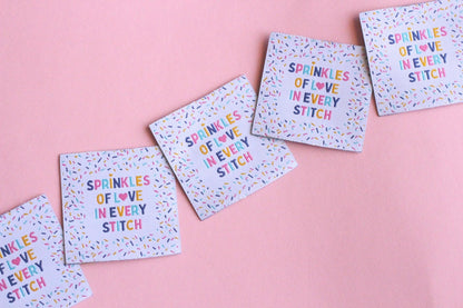 Woven Sewing Labels – Pack of 5 “Sprinkles of Love in Every Stitch” Tags, Cute Fabric Clothing Labels for Handmade Sewing Quilting Projects - The Cosy Club Handmade