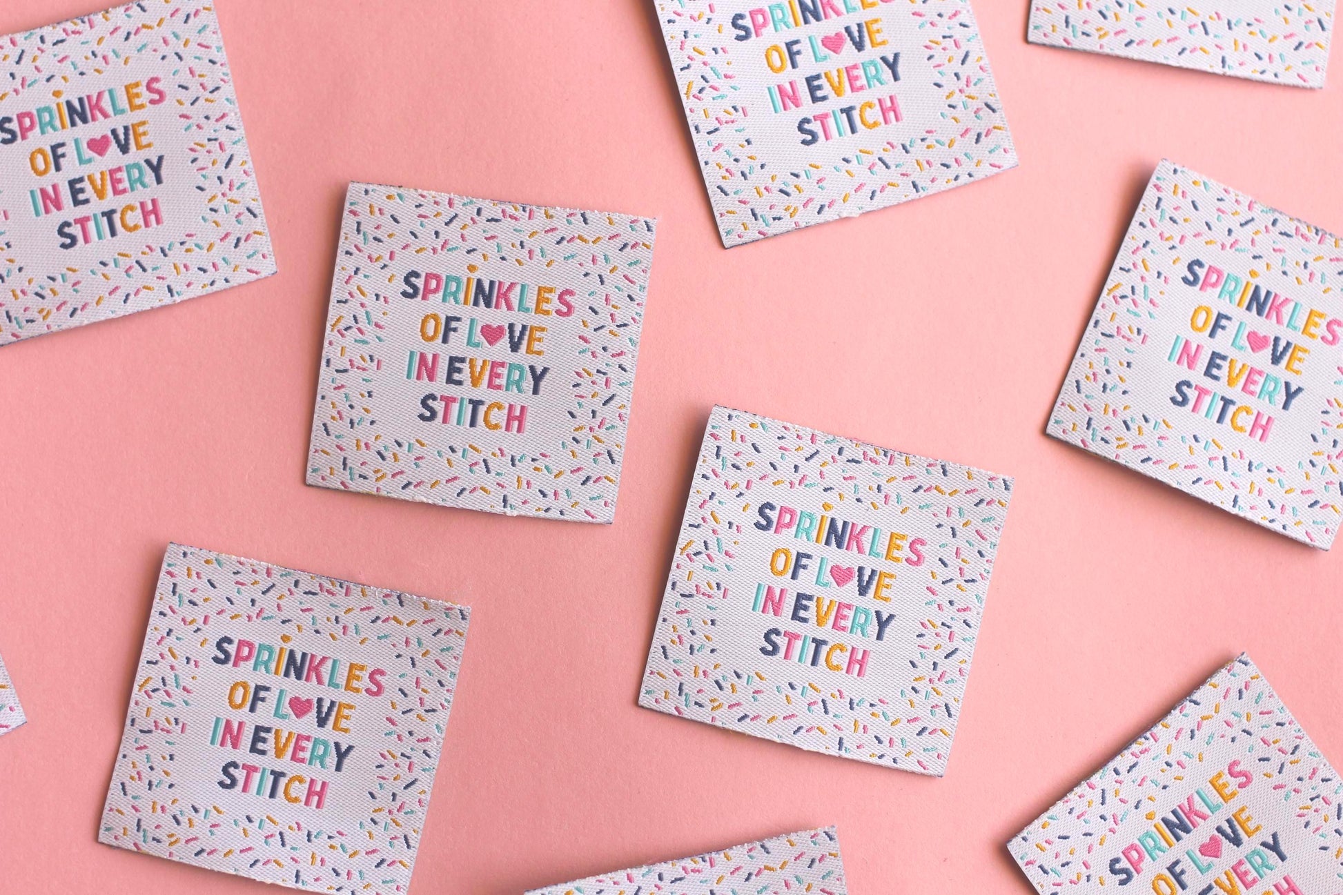 Woven Sewing Labels – Pack of 5 “Sprinkles of Love in Every Stitch” Tags, Cute Fabric Clothing Labels for Handmade Sewing Quilting Projects - The Cosy Club Handmade