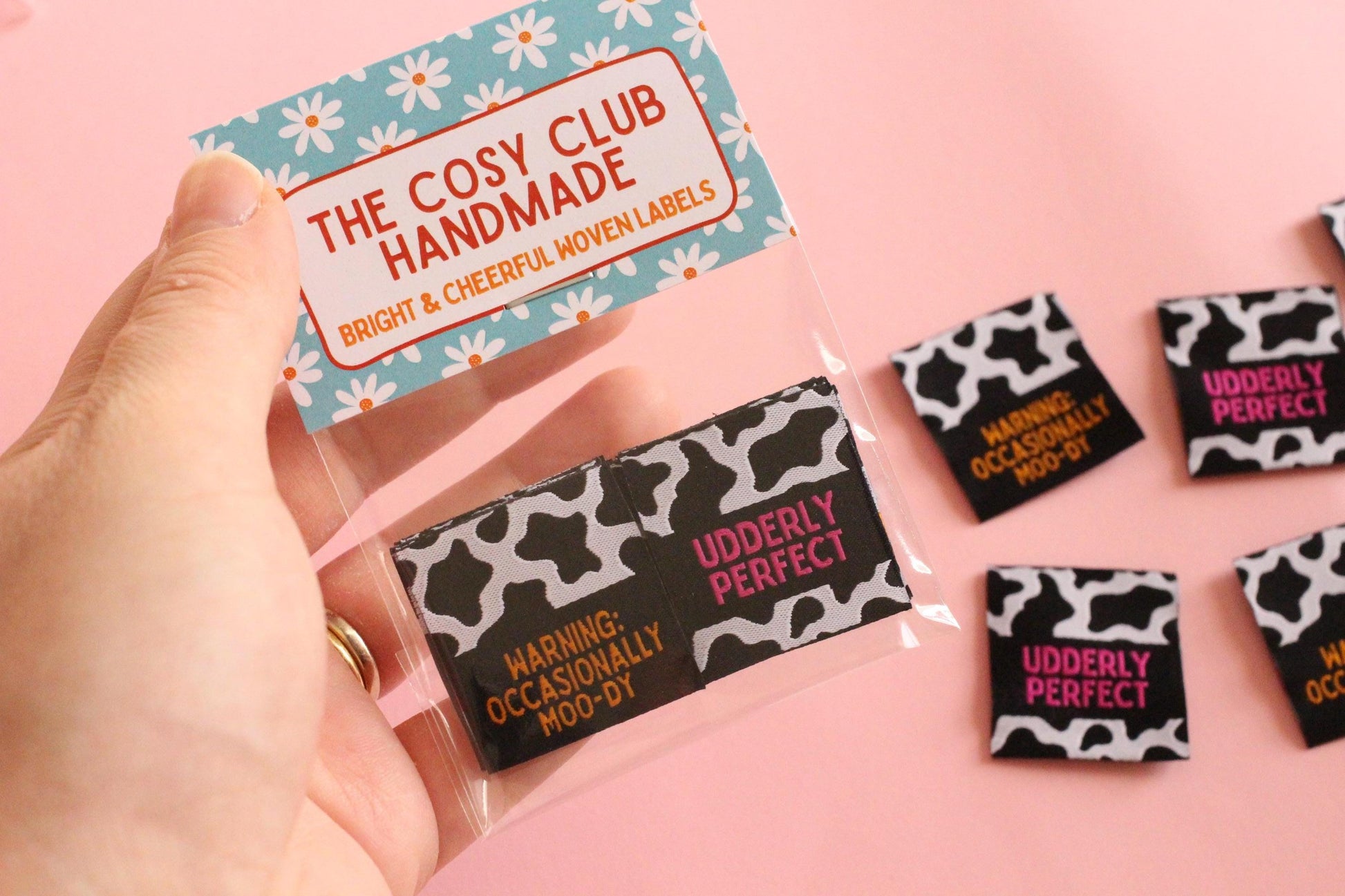 UDDERLY PERFECT / OCCASIONALLY MOO-DY | Cow Print Double Sided Woven Sewing Labels (6 Pack) - The Cosy Club Handmade