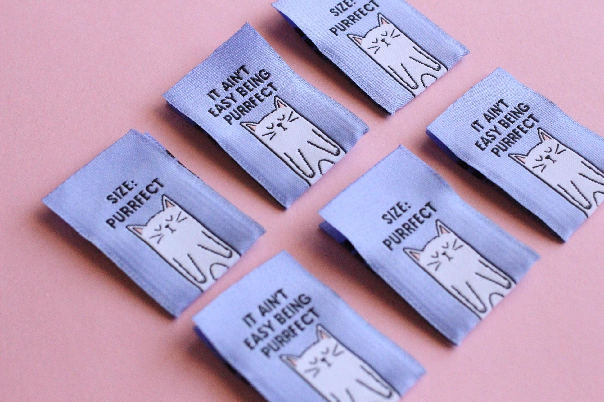 Cat Sewing Labels "Size: Purrfect" Woven Clothing Tags - Pack of 6 Double Sided Soft Woven Sewing Labels for Handmade Projects, Crochet, Fun - The Cosy Club Handmade