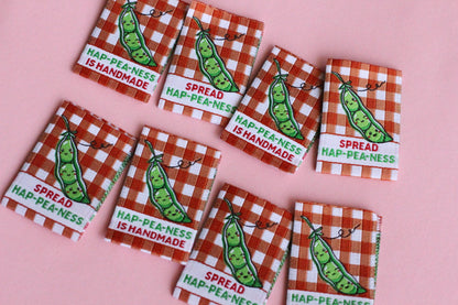 Gingham Woven Sewing Labels – Pack of 6 “Hap-Pea-Ness Is Handmade” Cute Tags, Fun Fabric Labels for Knitting, Quilting & Handmade Clothes - The Cosy Club Handmade