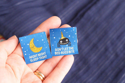 Pyjama Sewing Labels – Pack of 6 Double-Sided Fun Tags, Super Soft Labels for Handmade Projects "Night Night" "Don't Let the Bed Bugs Bite" - The Cosy Club Handmade