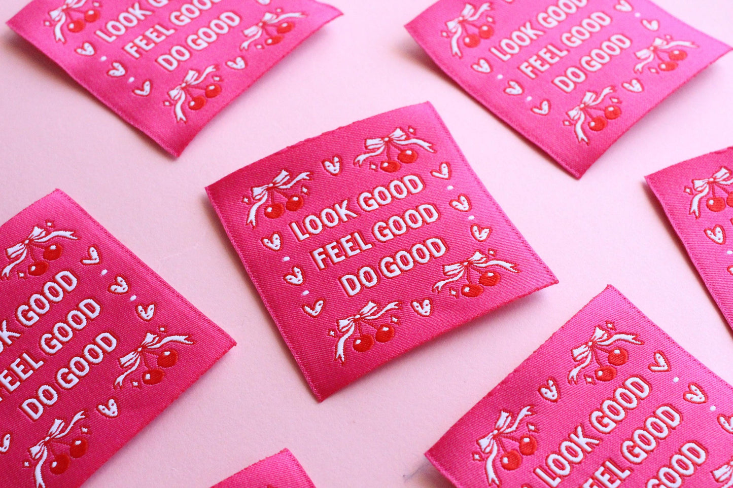 Pink Woven Sewing Labels – Pack of 5 Coquette Bow Cherry “Feel Good Look Good Do Good” Tags, Fun Clothing Labels for Handmade Projects - The Cosy Club Handmade