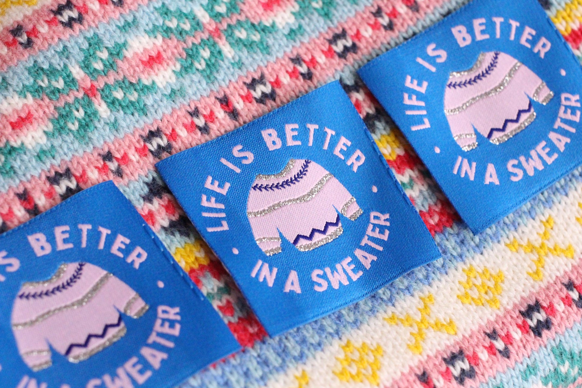 Winter Woven Sewing Labels – Pack of 5 Cosy Labels “Life is Better in a Sweater” Tags, Fun Clothing Labels for Handmade Projects, Knitting - The Cosy Club Handmade