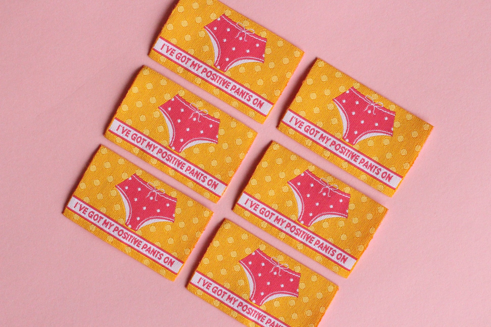 Cute Woven Sewing Labels "I've Got My Positive Pants On" Pack of 5 cute, fun sewing labels for handmade projects, funny, knitting, crochet - The Cosy Club Handmade
