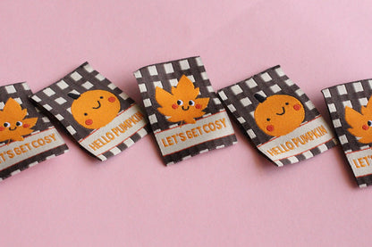HELLO PUMPKIN / LET'S GET COSY | Autumn Fall Double Sided Woven Sewing Labels (6 Pack) - The Cosy Club Handmade