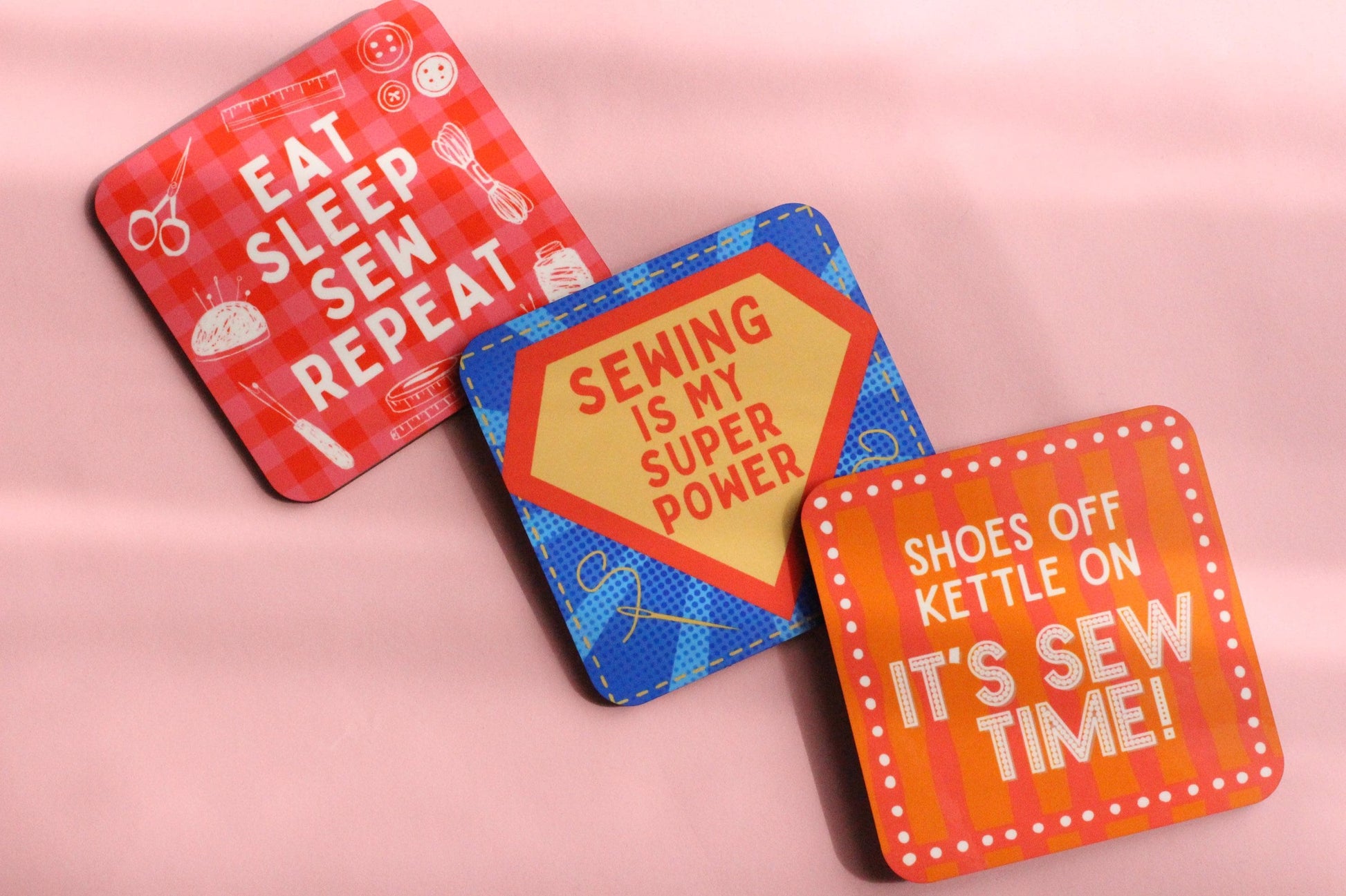 FUN SEWING COASTERS - Sewing themed coasters, Gifts for sewists, High quality hardboard coasters with a glossy top layer in 3 cute designs - The Cosy Club Handmade