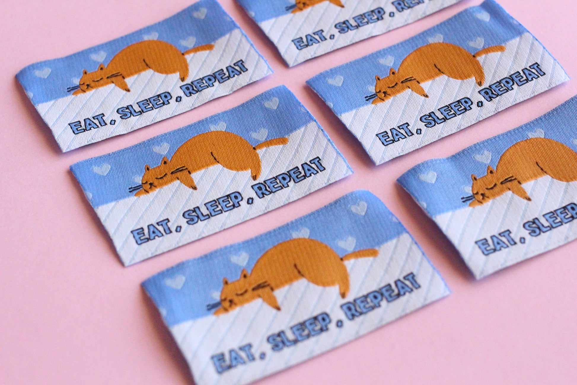 Ginger Cat Woven Sewing Labels: 'Eat Sleep Repeat' Pack of 5 Super Soft High Quality Fun Sewing Tags for Handmade Projects, Quilting, Crafts - The Cosy Club Handmade
