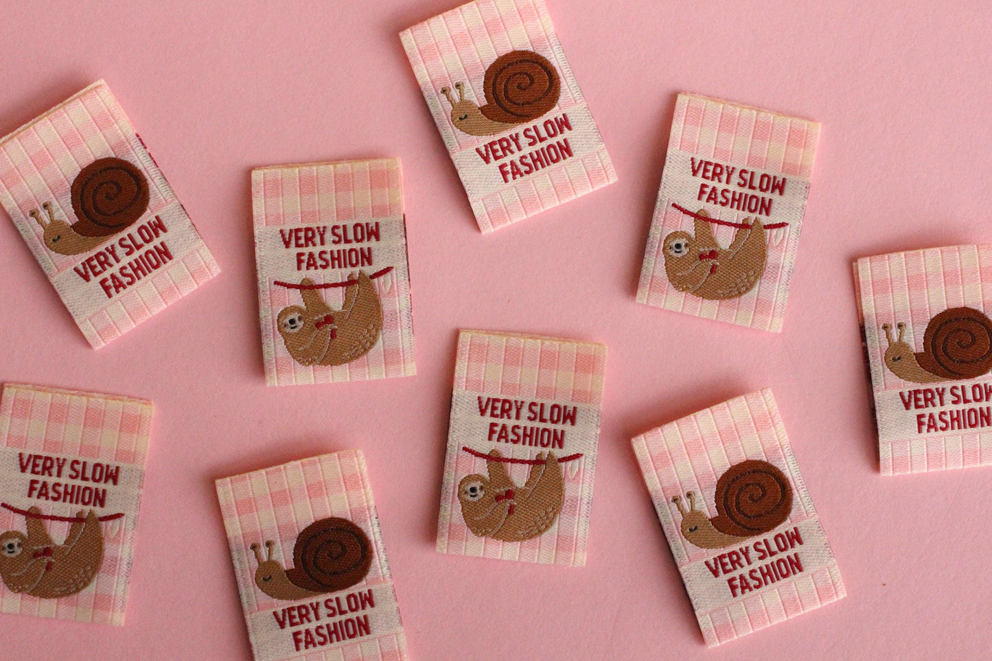 Funny Woven Sewing Labels – Pack of 6 Snail & Sloth “Very Slow Fashion” Tags, Labels for Quilting, Knitting and Crochet - The Cosy Club Handmade