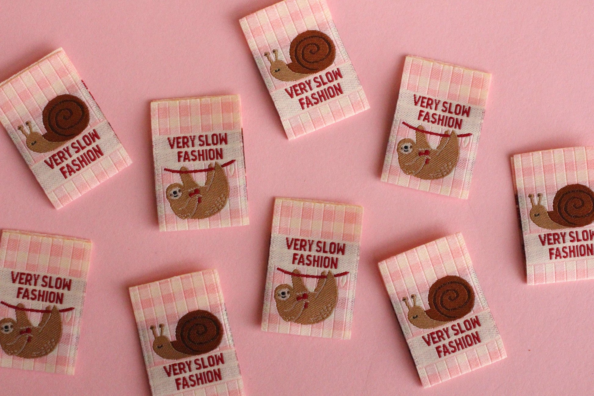 Funny Woven Sewing Labels – Pack of 6 Snail & Sloth “Very Slow Fashion” Tags, Labels for Quilting, Knitting and Crochet - The Cosy Club Handmade