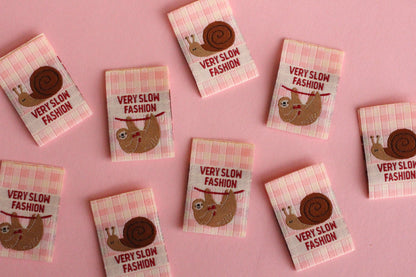 Funny Woven Sewing Labels – Pack of 6 Snail & Sloth “Very Slow Fashion” Tags, Labels for Quilting, Knitting and Crochet - The Cosy Club Handmade