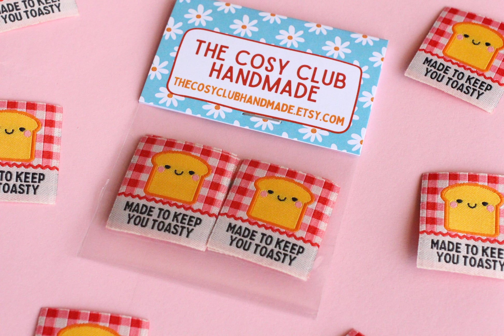 Red Gingham Woven Sewing Labels – Pack of 5 “Made to Keep You Toasty” Tags, Fun Fabric Labels for Handmade Clothes & Quilting - The Cosy Club Handmade