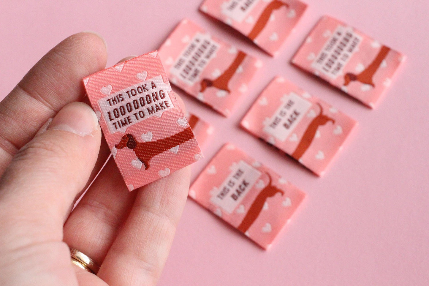 Woven Sewing Labels for Handmade Clothes – Pack of 6 Pink Sausage Dog Tags, “This Took A Long Time To Make” & “This Is the Back” - The Cosy Club Handmade