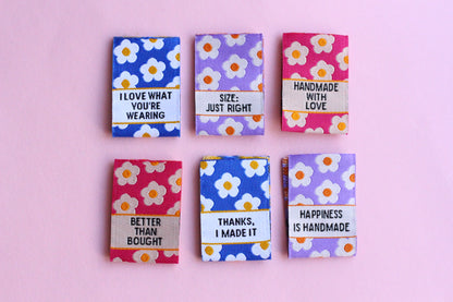 Flower Power Mixed Pack - 6 Double Sided Woven Labels - The Cosy Club Handmade