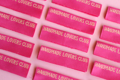 Handmade Lovers Club sewing labels by The Cosy Club Handmade, 6 side seam labels with decorative designs for clothing or craft projects.