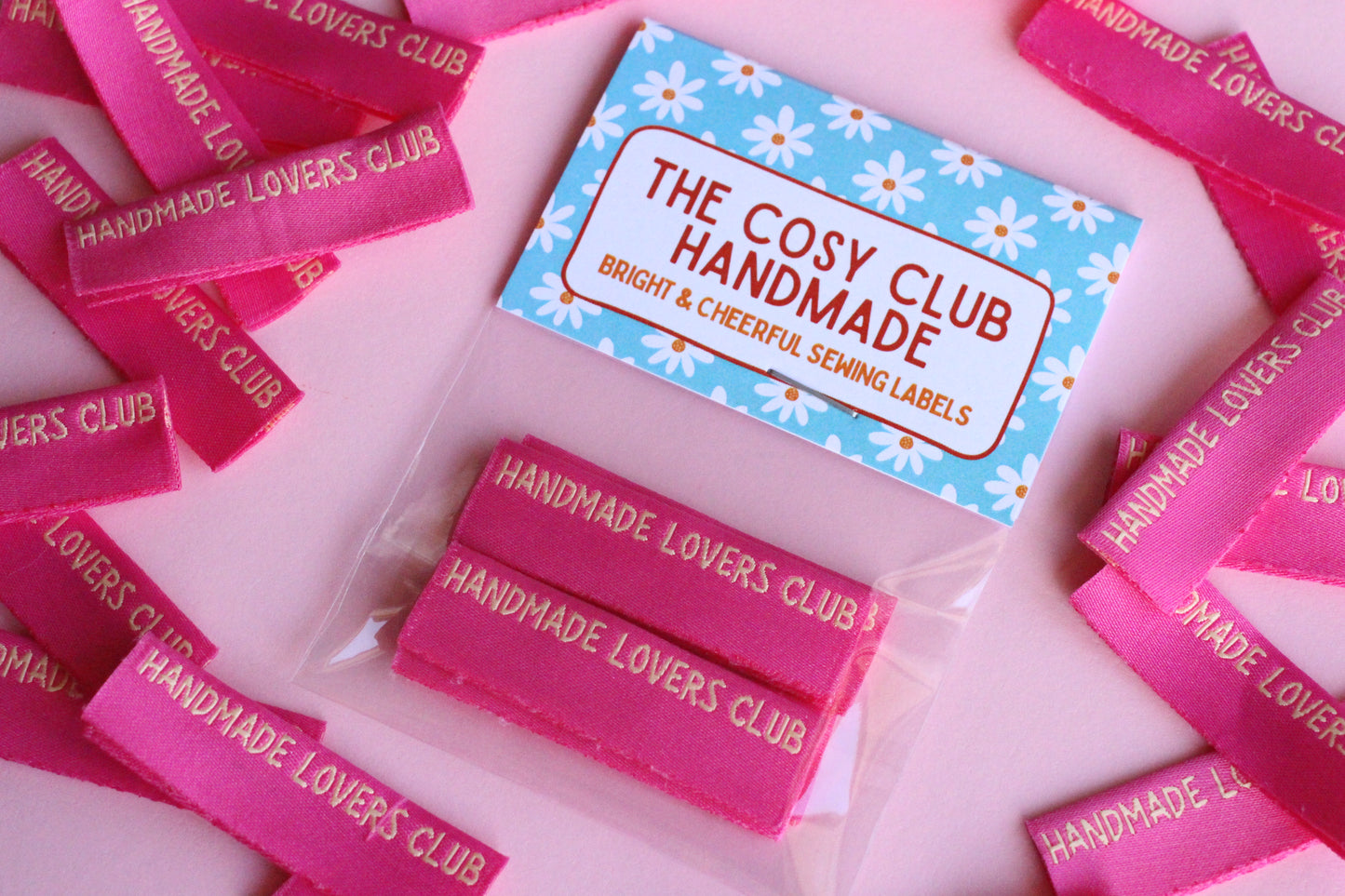 Six side seam sewing labels from The Cosy Club Handmade Lovers Club collection, featuring elegant handwritten-style text.
