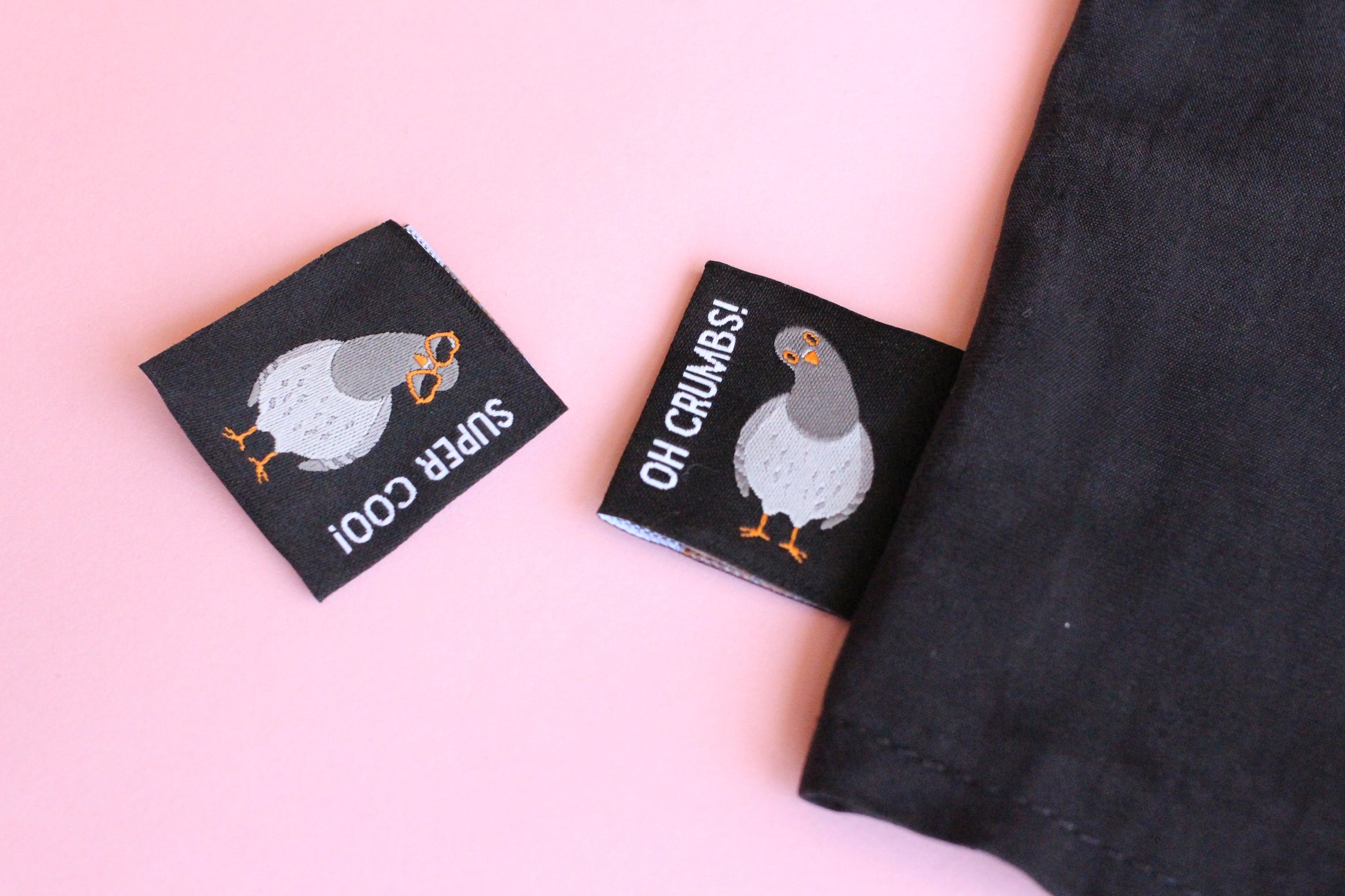 Pigeon sewing labels from The Cosy Club Handmade, double-sided fabric labels for sewing and craft projects.