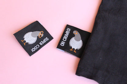 Pigeon sewing labels from The Cosy Club Handmade, double-sided fabric labels for sewing and craft projects.