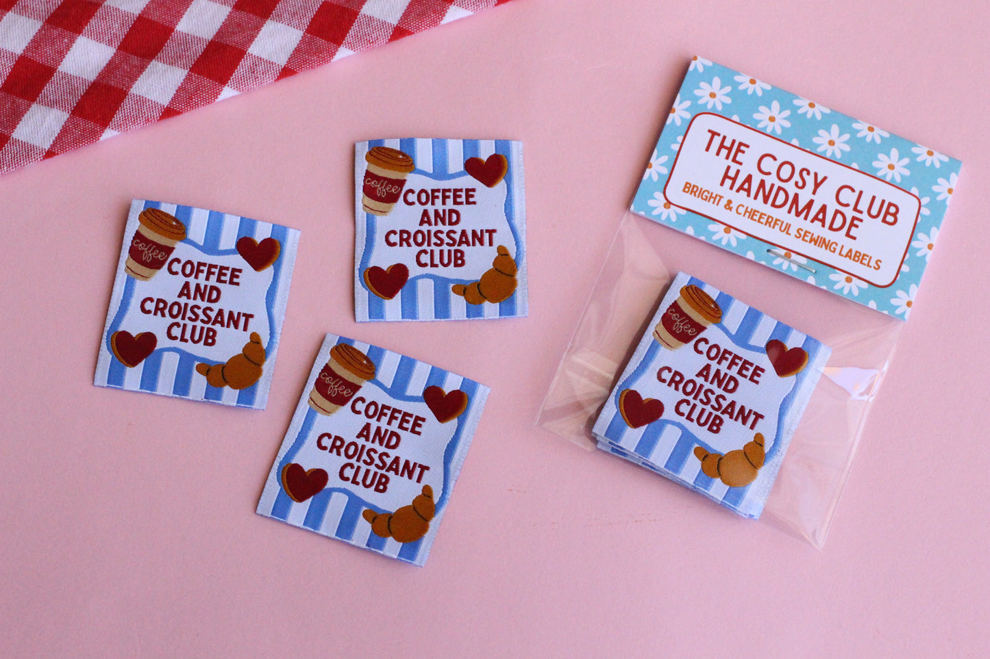 Set of five sewing labels featuring coffee and croissant designs from The Cosy Club Handmade for craft and sewing projects.