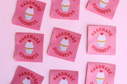 Handmade Goodness cupcake sewing labels by The Cosy Club Handmade, featuring five colorful fabric labels with cupcake design.