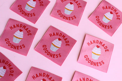 Handmade 5 cupcake sewing labels by The Cosy Club Handmade, featuring colorful cupcake designs on fabric labels for crafts.