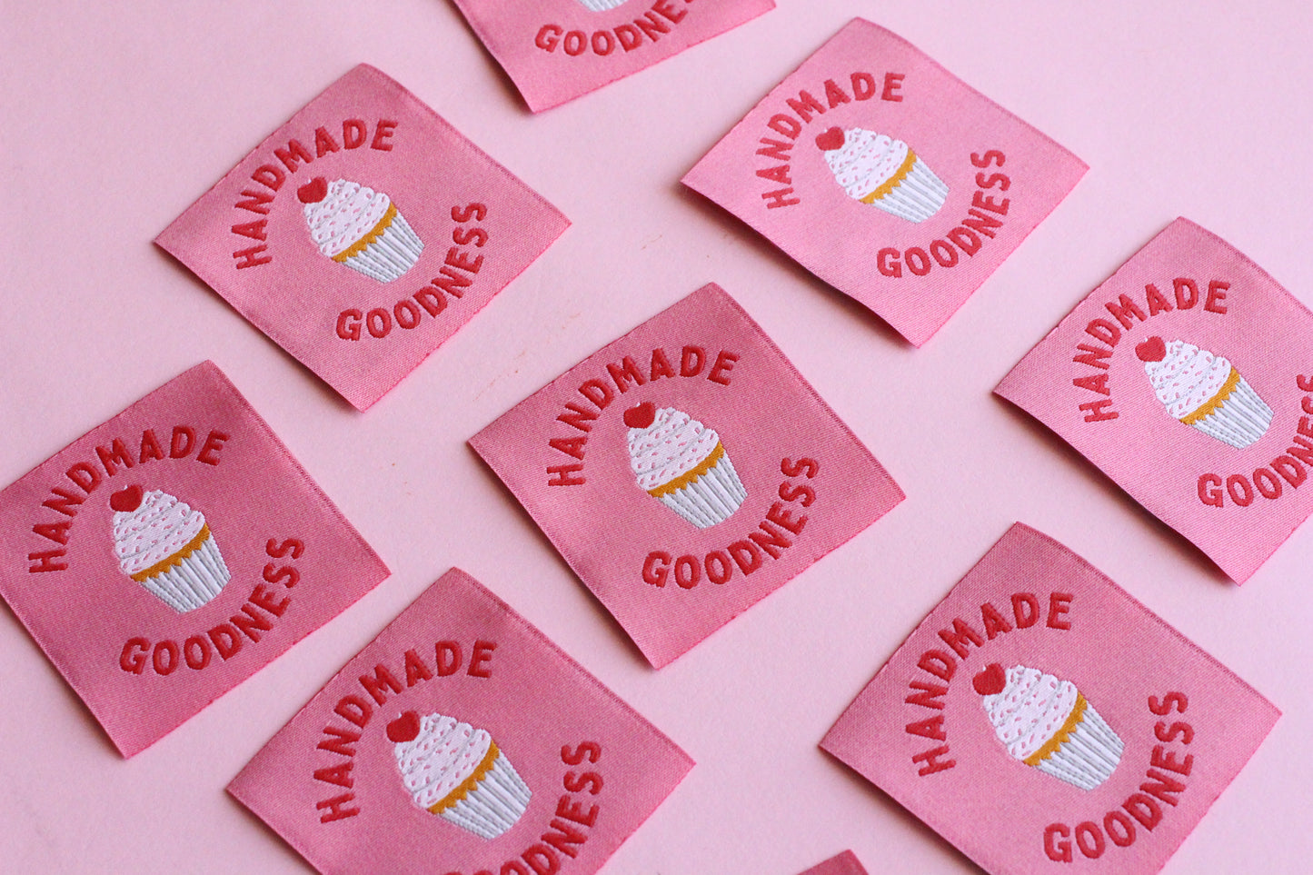 Handmade Goodness 5-cupcake sewing labels by The Cosy Club Handmade, featuring colorful, decorative fabric tags for sewing projects