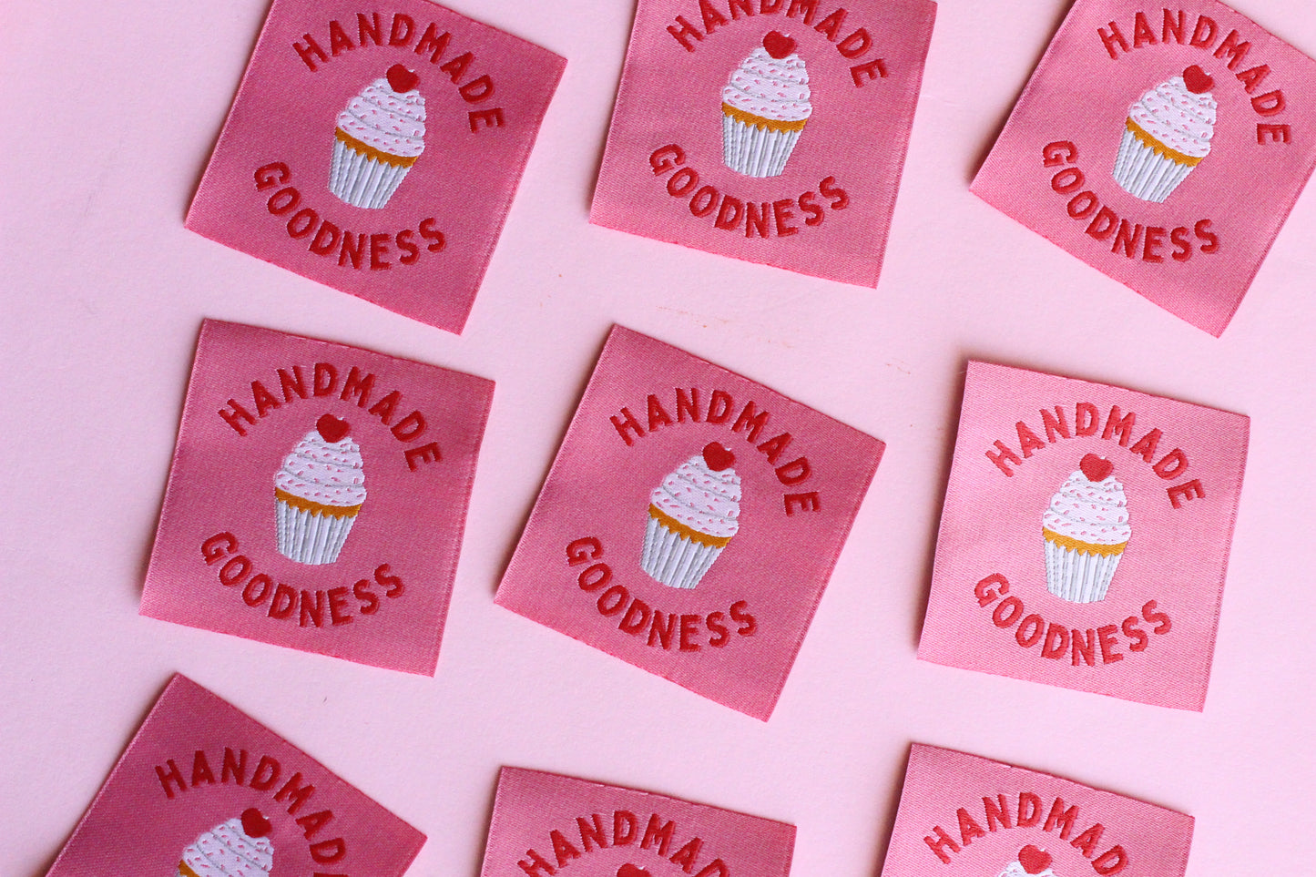 Handmade Goodness 5 Cupcake Sewing Labels by The Cosy Club Handmade, featuring cute cupcake designs on fabric labels.