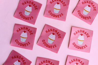 Handmade Goodness 5 Cupcake Sewing Labels by The Cosy Club Handmade, featuring cute cupcake designs on fabric labels.