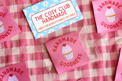 Handmade Goodness cupcake sewing labels by The Cosy Club Handmade, featuring five colorful fabric labels with cupcake designs.